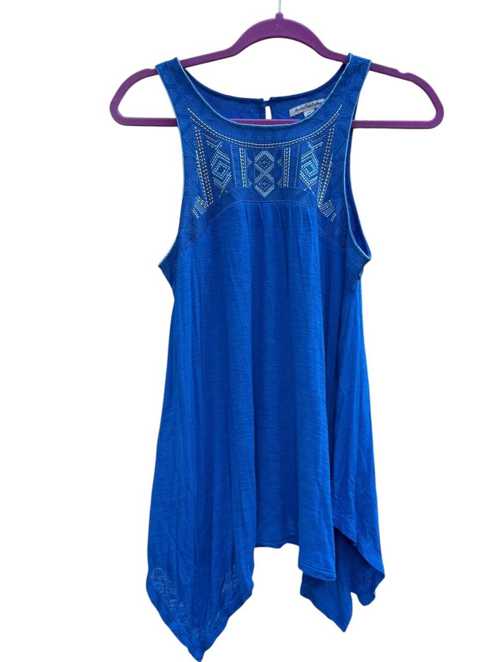 American Eagle Outfitters Blue Embroidered Handkerchief Hem Tank Top Size S/P